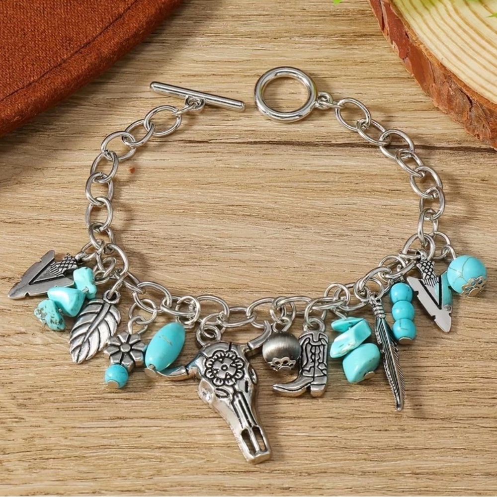 Western Bracelet Silver and Turquoise Charm Bracelet Cowboy Style Cowgirl - Picture 2 of 6